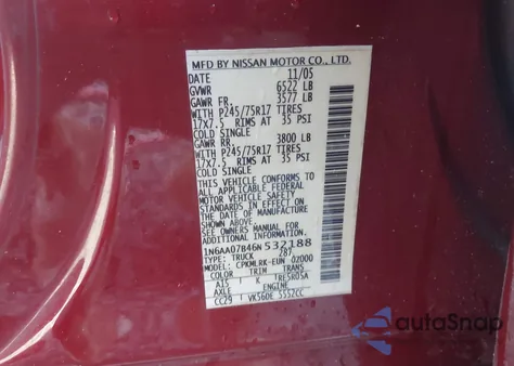 2006 Nissan Titan Xe из США, поврежденный, VIN 1N6AA07B46N532188